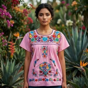 Mexican Embroidered Blouse – Handmade Floral design  LARGE